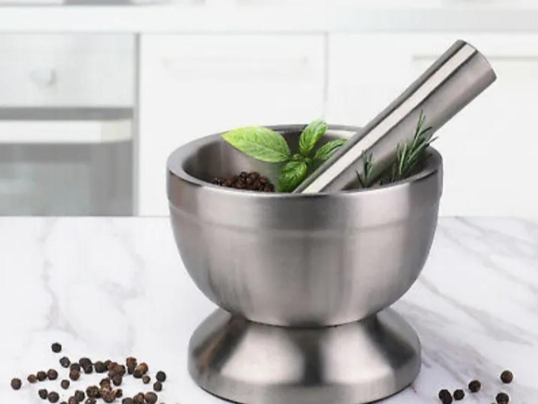 Mortar and Pestle, Stainless Steel Spice Grinder Pill Crusher with Lid for Crushing Grinding Ergonomic Design with Comfy Grip