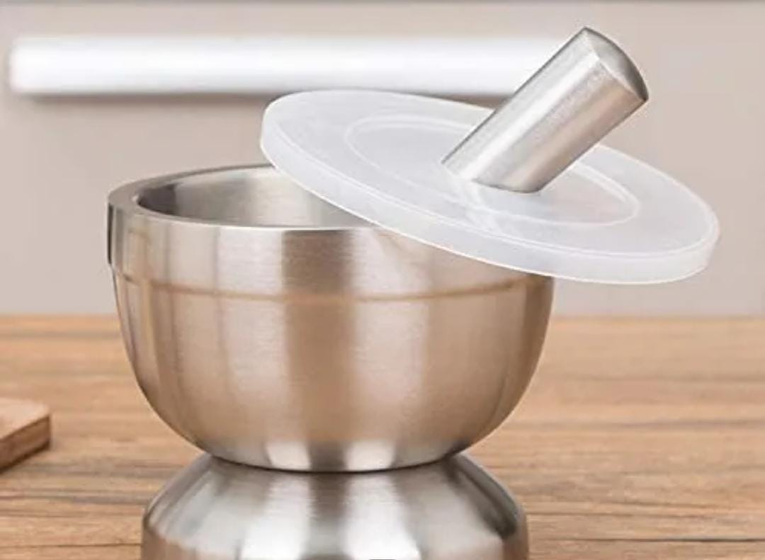 Mortar and Pestle, Stainless Steel Spice Grinder Pill Crusher with Lid for Crushing Grinding Ergonomic Design with Comfy Grip