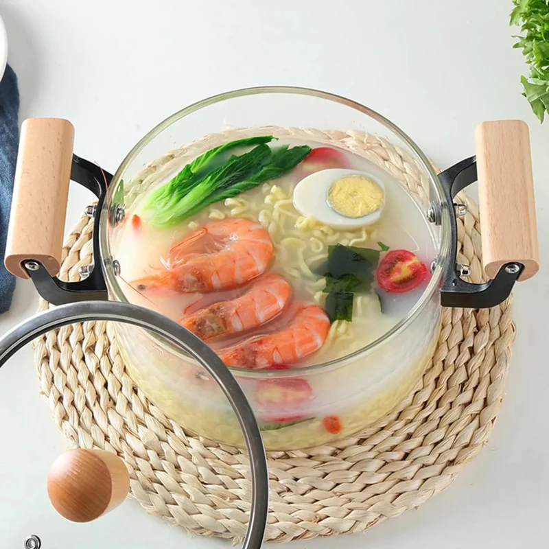 Clear Glass Pot with Stainless Steel Lid & Wooden Handle