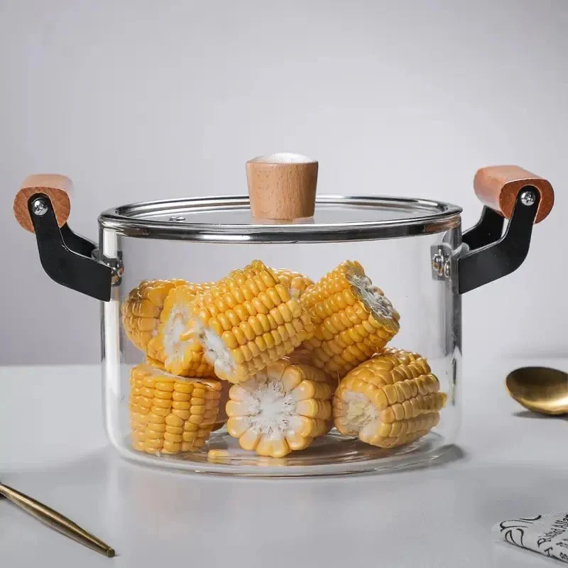Clear Glass Pot with Stainless Steel Lid & Wooden Handle