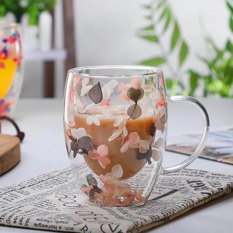 Double Wall Glass Mug with Dry Flowers
