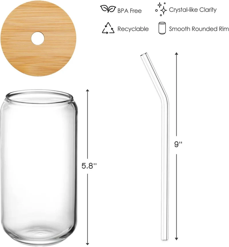Glass Tumbler with Bamboo Lids and Glass Straw