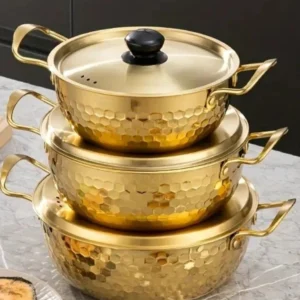3 Piece Golden Hexagonal Pattern Serving Ramen Pots with Lids